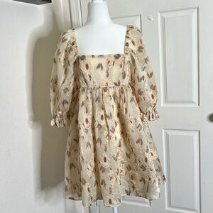 NWT  Storia  Babydoll Puff Sleeve Mini Dress size Small Floral Gold